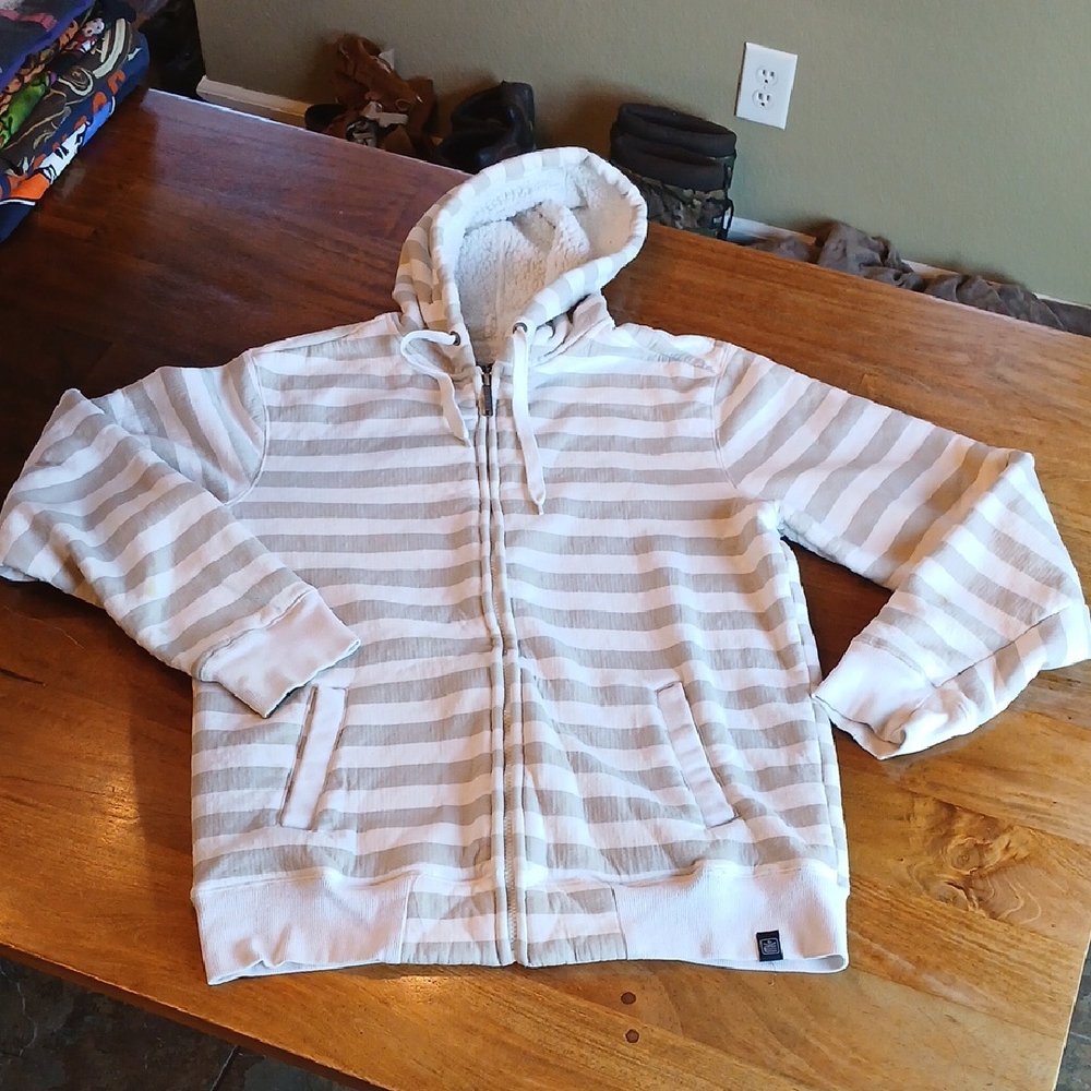 Machine 1971 Beige Striped Sherpa Lined Zip-up Hoodie. Has Staining on Sleeves